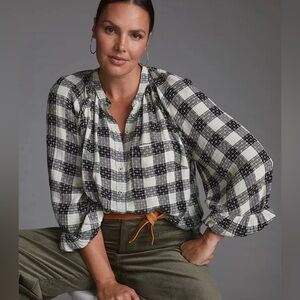 Pilcro Anthropologie Breezy plaid shirt black and white embroidered shirt